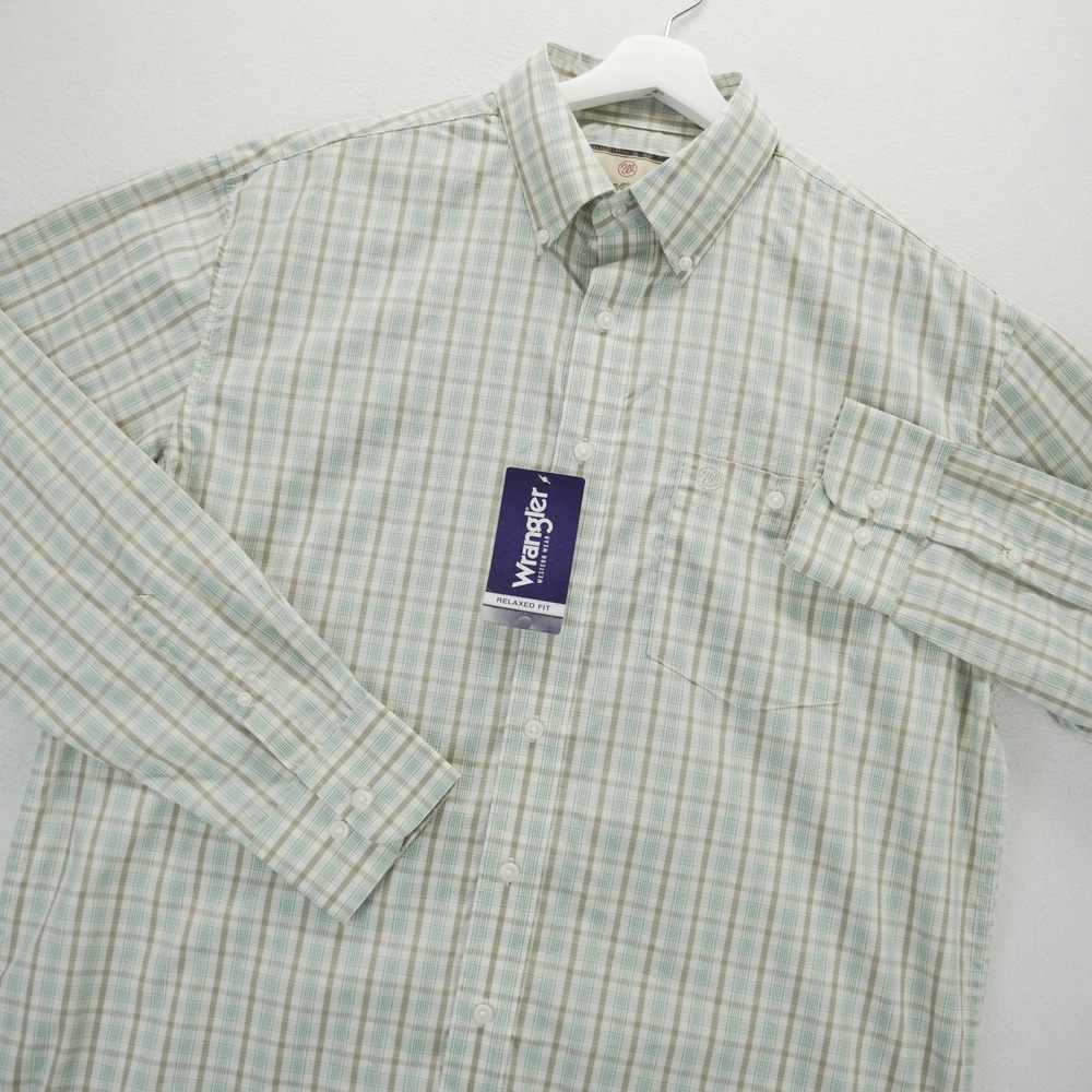 Wrangler Western Wear Shirt Mens Large Tall LT Tan Green Plaid Relaxed Fit NWT